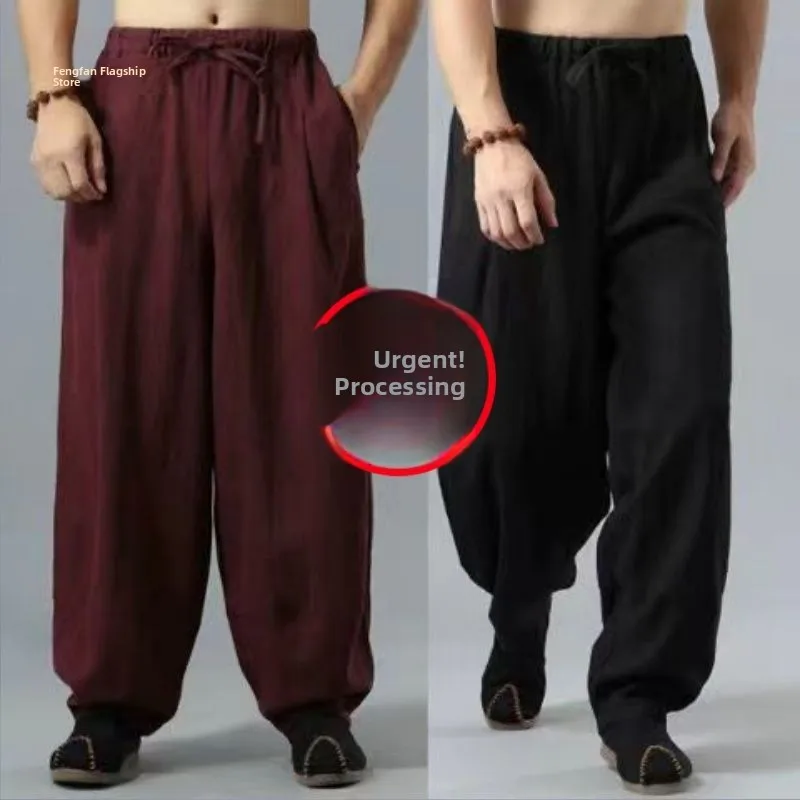 Loose Cotton Linen Wide Leg Pants Big Size for Fat Men Spring Summer Casual High Waist Straight Leg Harem Lantern Pants