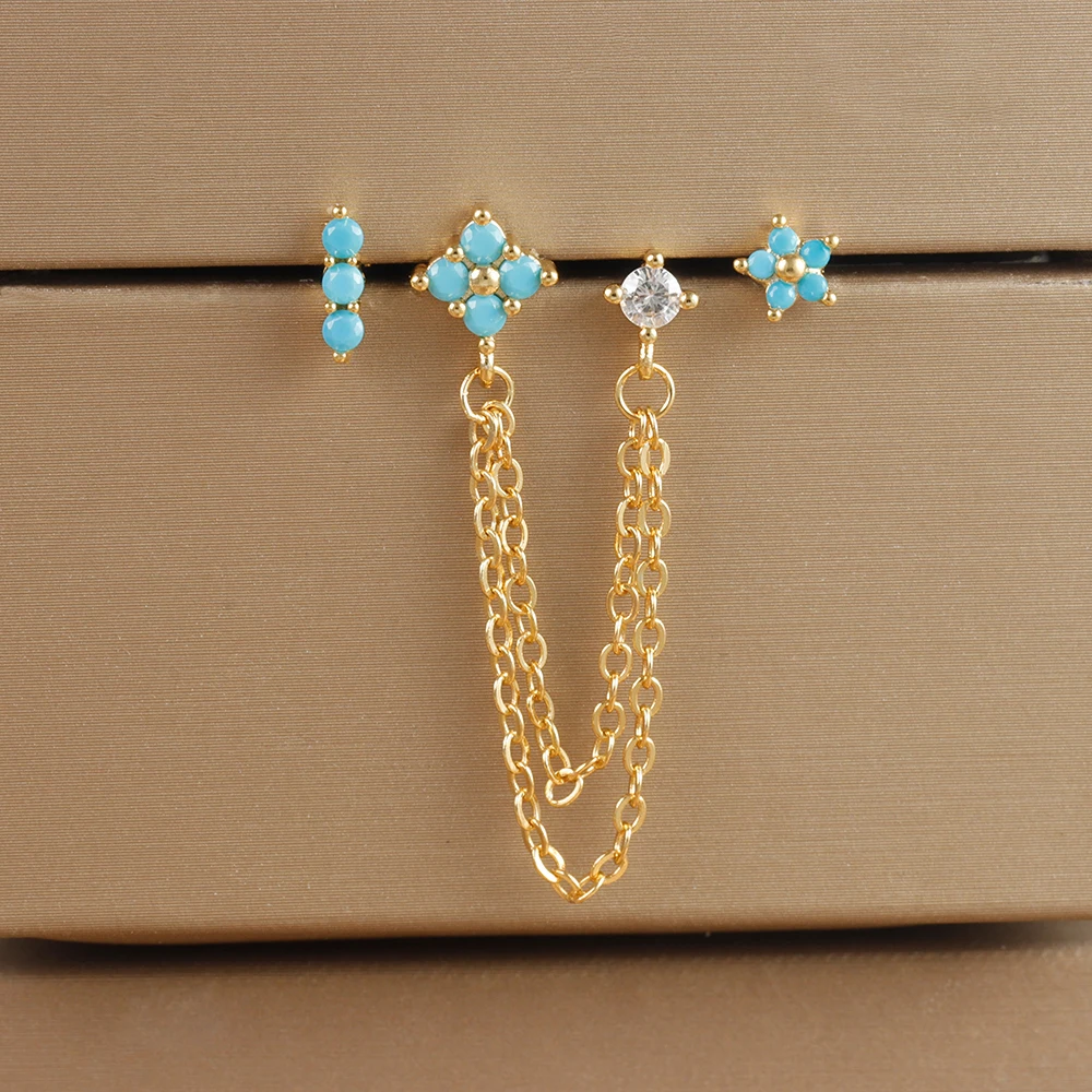 3PCS Vintage Zircon Flower Stud Earring Set For Women Stainless Steel Double Studs Chain Tassel Piercing Earring Fashion Jewelry
