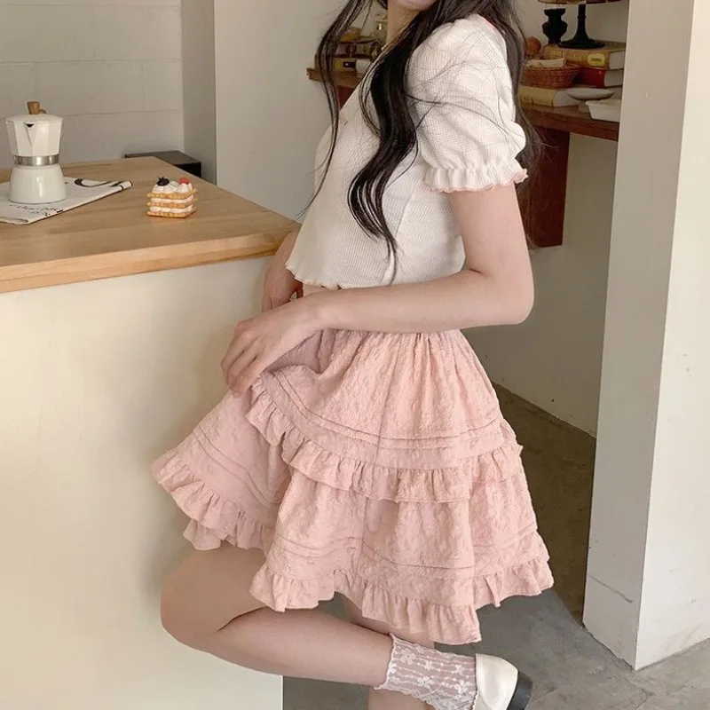 Japanese Kawaii High Waist Pink Skirts Y2k Lolita Ruffle Cake Skirt Student Mini Skirt Harajuku Streetwear Party Dresses New