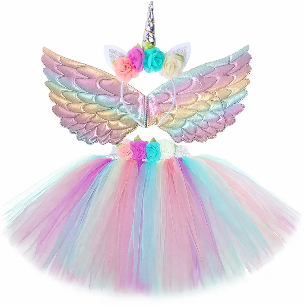 Girls Pastel Unicorn Tutu Skirt Outfit with Horns Angel Wings Kids Birthday Halloween Dress Up Costumes Princess Ballet Tutus