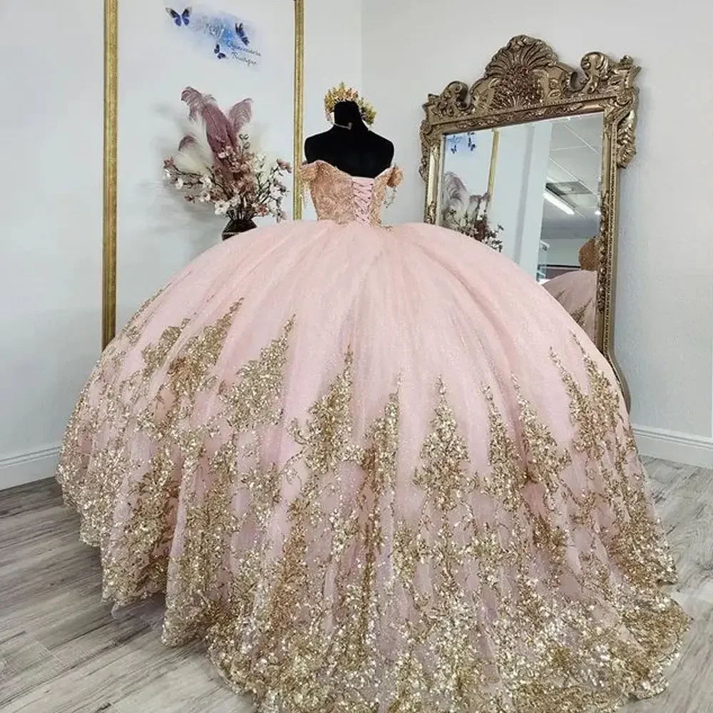 Angelsbridep Customized Pink Ball Gown 15 Year Old Quinceanera Dresses Shiny Gold Appliques Girls Party Dress Vestidos De Festa