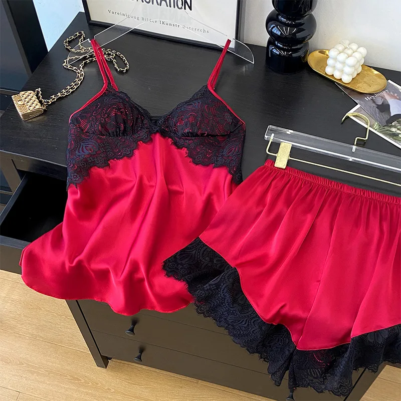 

2pcs Women Pajamas Set Sexy Strap Top&shorts Pyjamas Lingerie Lace Pijamas Suit Summer Silky Satin Sleepwear Home Clothes