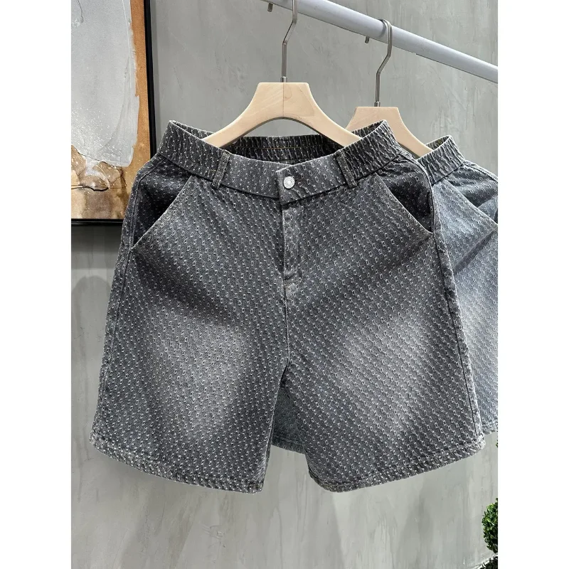 Retro Jacquard Washed Denim Shorts Men's Summer American Vibe Casual Straight Loose Five-Minute Pants
