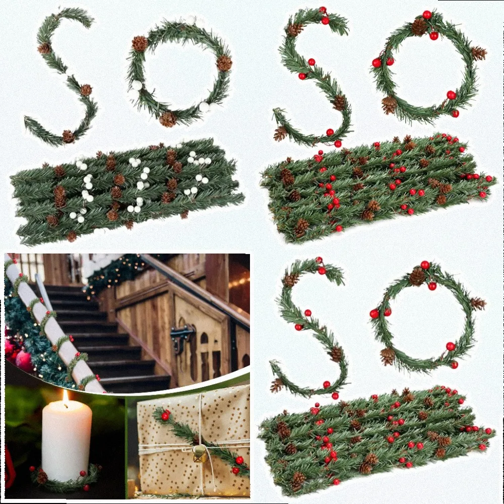 24pCS Christmas Wreath Garland With Red Berries Pine Cones PVC Festive Loop For Holiday Tree Railing Home Decoration Ornaments