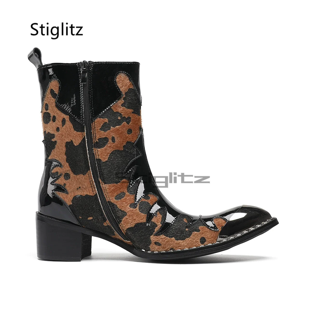 

Men's Leopard Horsehair Chelsea Boots High Heels British Style Metal Pointed Toe Patchwork Cowhide Ankle Autumn Winter Shoes