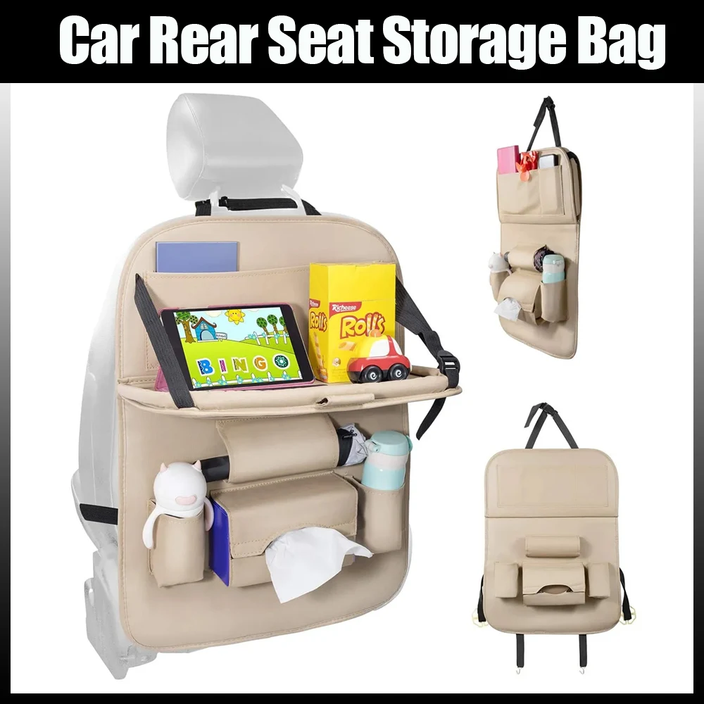 Car seat backrest organizer PU leather storage bag with foldable tray tablet computer bracket tissue box seat accessories