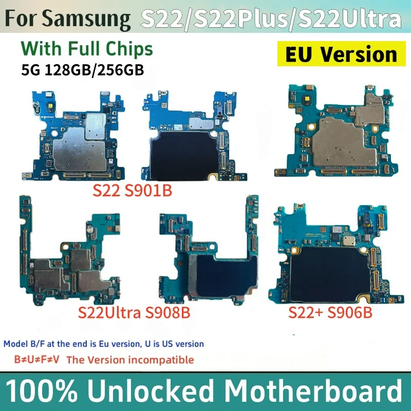 

EU Version Unlocked S22 Ultra S908B Motherboard For Samsung Galaxy 5G S22 Plus S906B S22 S901B Android OS Logic Board Fully Chip