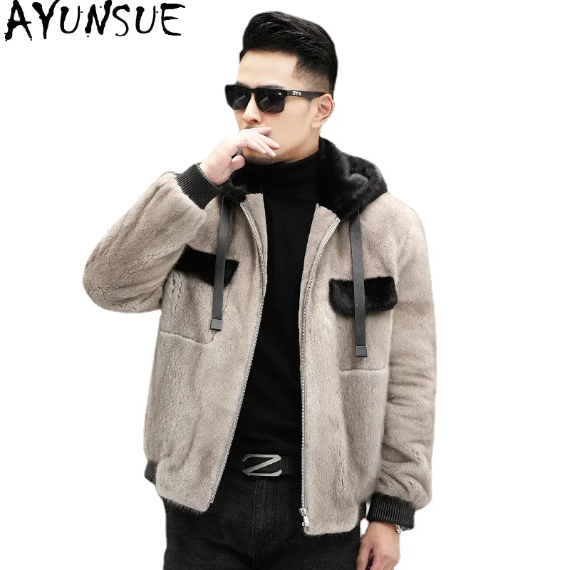 AYUNSUE Mink Real Fur Coat 2025 Hooded Short Mink Fur Coats Mens Fur Jacket Coat Winter Luxury Jackets Warm Clothes SGG877