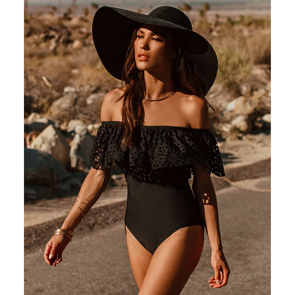 2025 New Sexy Off The Shoulder Solid Swimwear Women One Piece Swimsuit Female Bathing Suit Ruffle Monokini Swim Wear XL