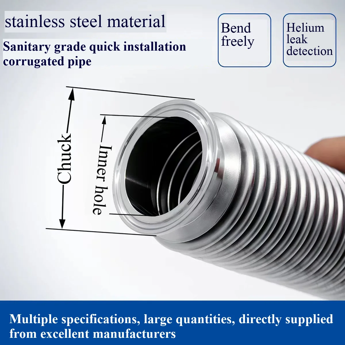 Sanitary Grade Quick Install Vacuum Hose 304 Stainless Steel Corrugated Pipe Food Grade Flexible Durable Vacuum Line for Food In