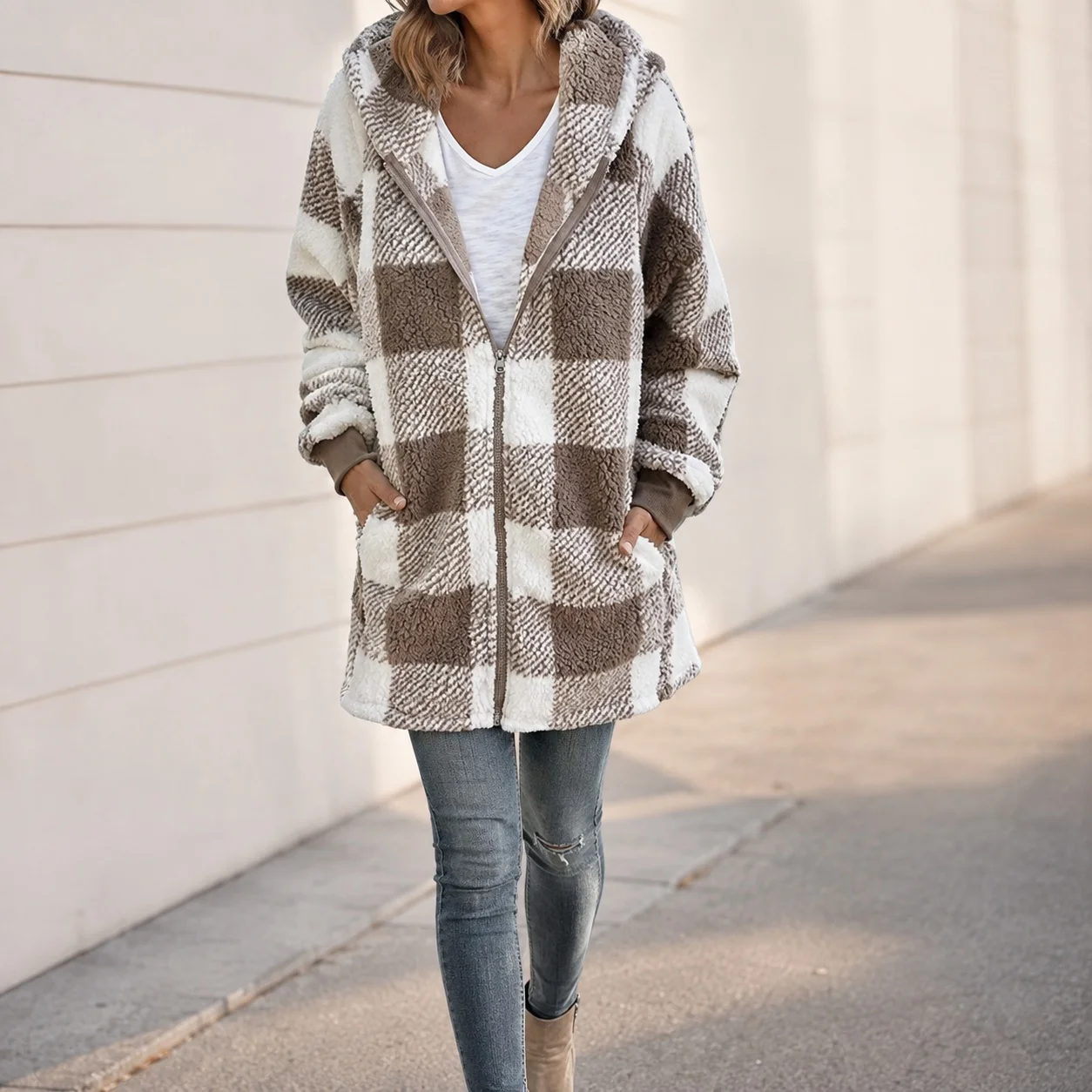 Hooded Plaid Coat Mid Length Elegant Commuter with Cardigan Style Regular Fit Button Front Winter Long Sleeve Women Jacket