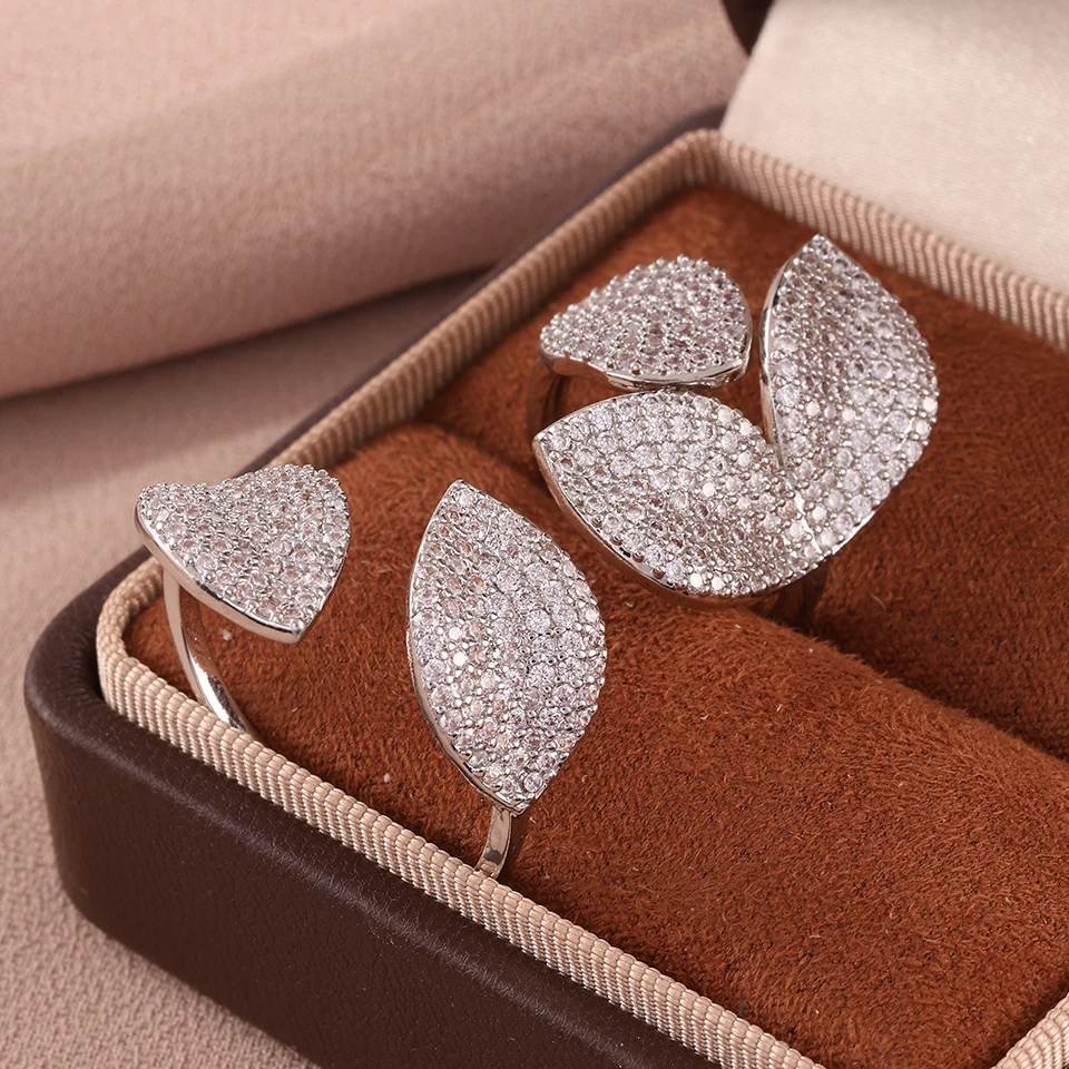 ZAKOL Two Pieces Micro-set Zircon Leaf Flower Open Ring Set for Women Paved Bling CZ Cocktail Party Ring Jewelry Accessories