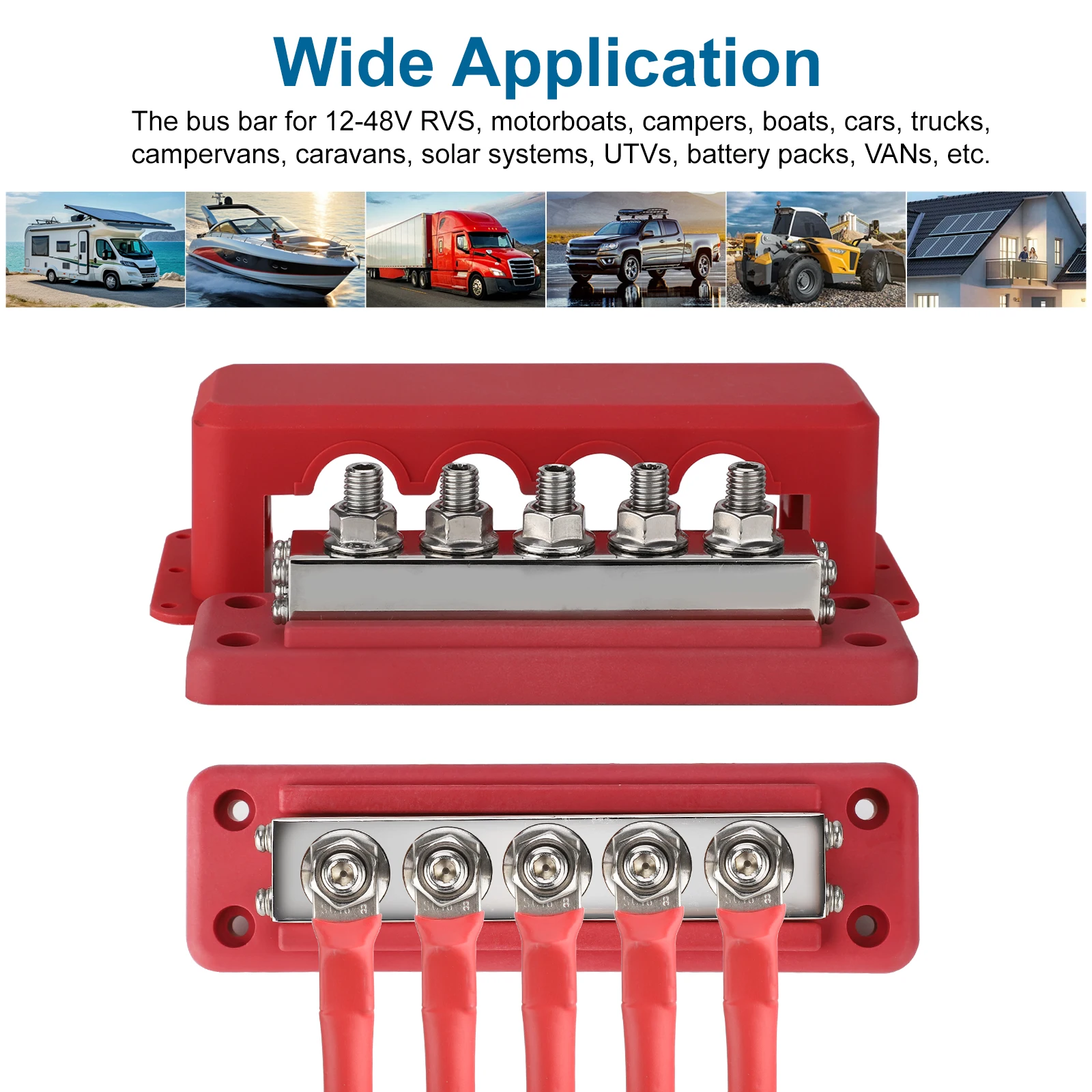 Car M10 5 way Busbar Terminal Block 600A 12V-48V DC Power Distribution Block Bus Bar Terminal Block for RV cars boats yachts etc