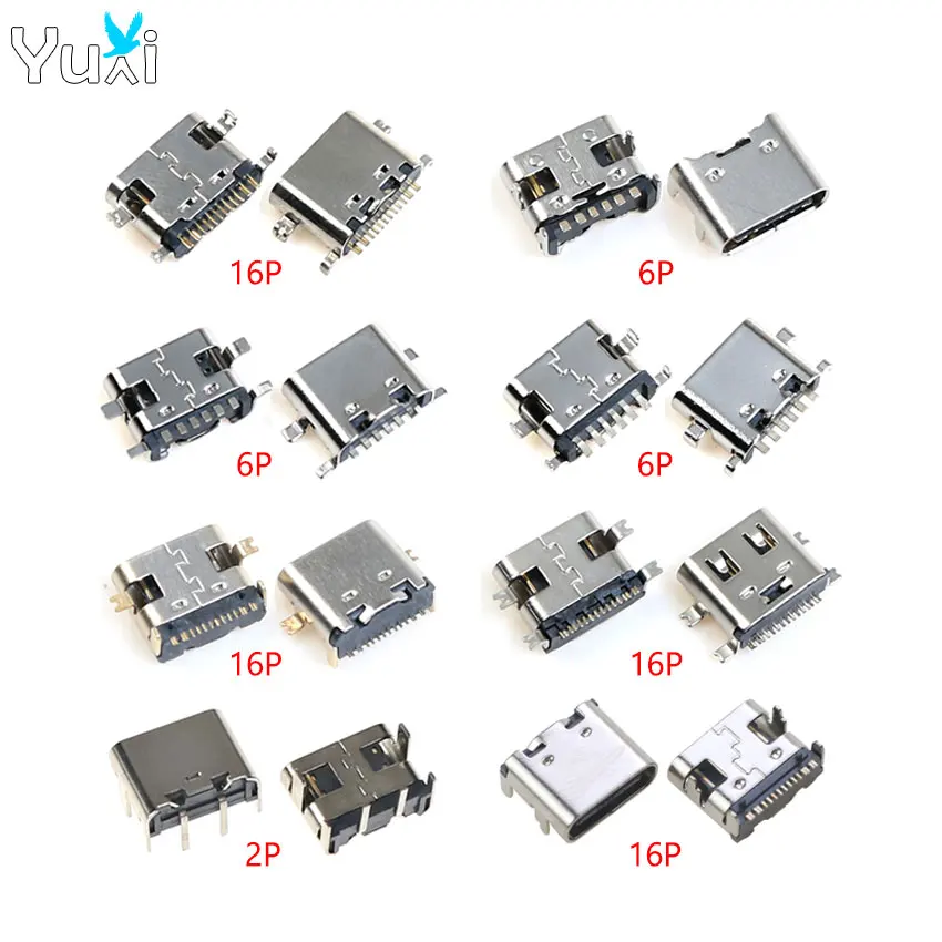 

YuXi 10pcs USB Type C Female Connector Charging Port Jack Socket 2/6/16 Pin PCB Soldering SMD SMT DIY Repair USB-C Adapter