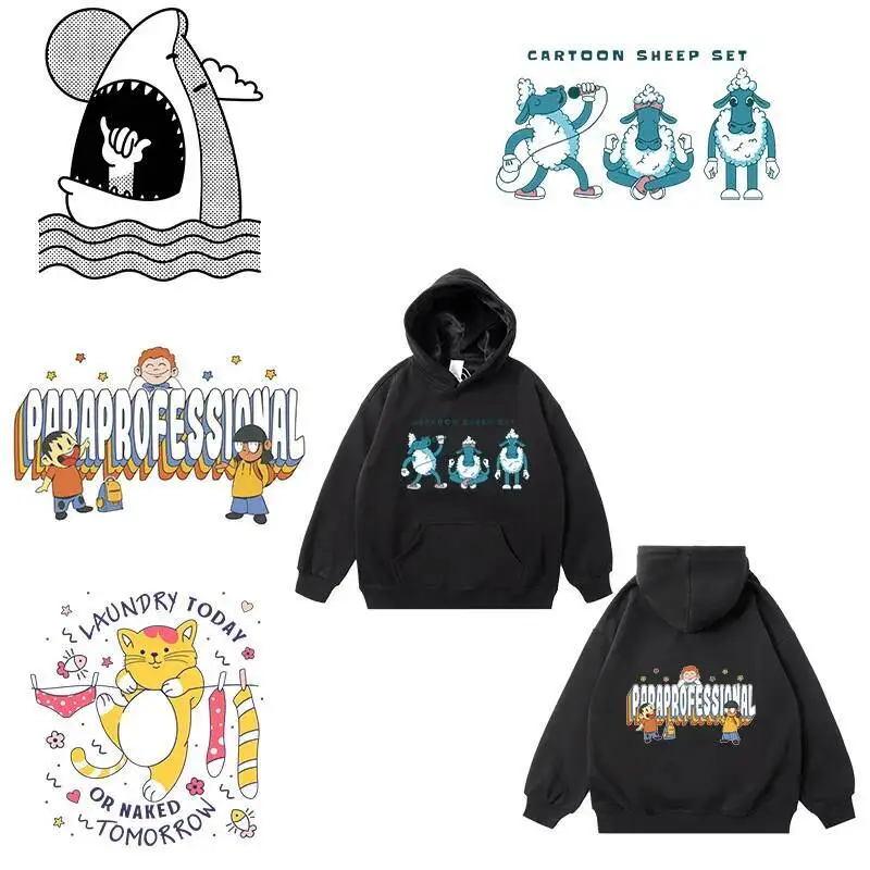 Iron On Kids T-shirt Hoodie Cute Animal Cat Shark DTF Heat Transfer Washable custom clothing pattern accessories