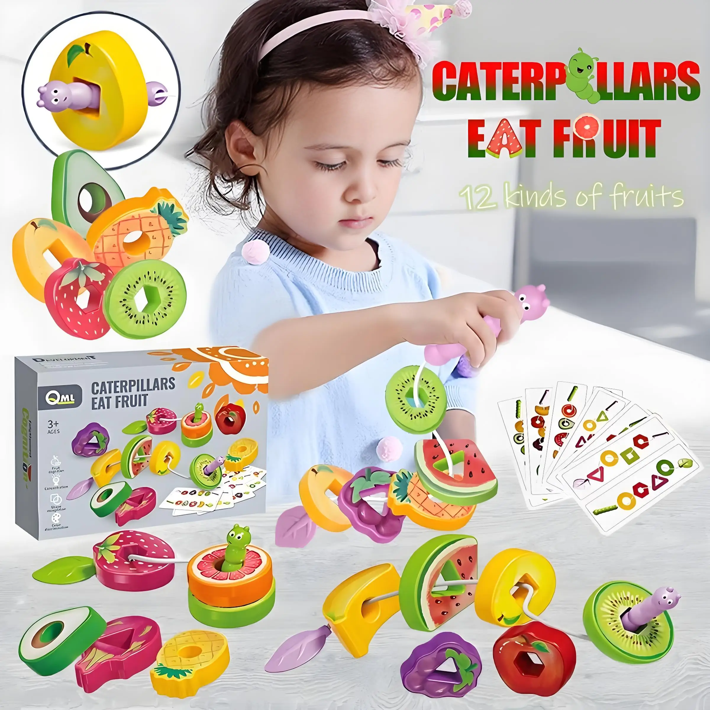 Jouet de jeu de cordes de conception de fruits et légumes (1 boîte), jouet d'éducation précoce pour enfants, jouet de Coordination de reconnaissance de forme et de couleur
