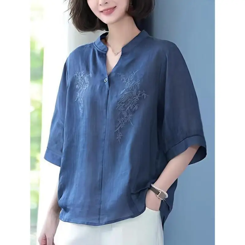 

Women's Chinese Sle Embroidered Loose irt Deep Fit Casual Sport Suit ort Sve Seven Sve Autumn Season Faion