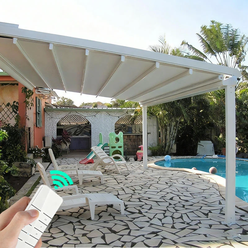 Motorized waterproof sunproof PVC retractable pergola roof awning folding cannopy with LED for garden patio shop Outdoor dining