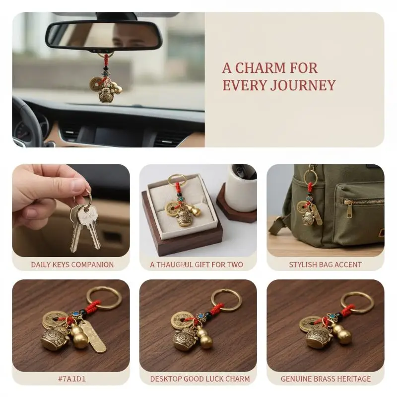 YILUO CD Vintage Lucky Cat Car Keychain Five Emperors Money Calabash Feng Shui Coins Red String Key Ring