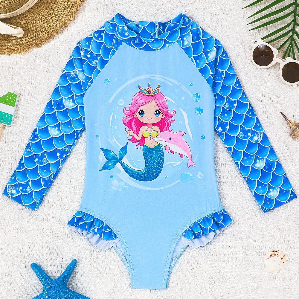 

Baby Toddler Girl Long Sleeve Ruffle Swimsuit Lovely Cartoon Mermaid Princess Bathing Suit Summer Swim Costume for Surfing