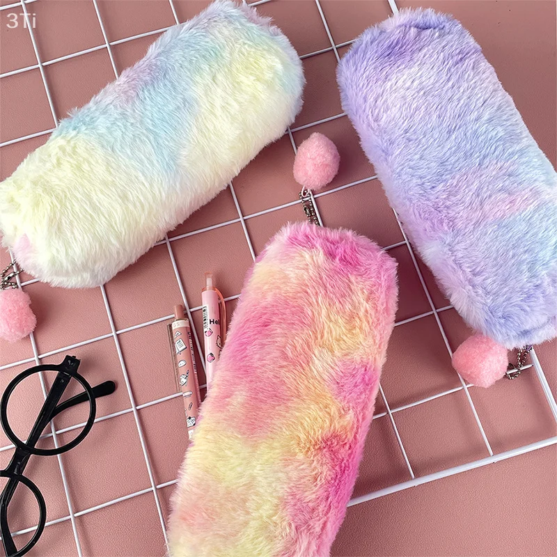 Gradient Color Plush Pencil Case Simple Large Capacity Stationery Storage Bag Creative Pen Pouch Makeup Bags School Supplies