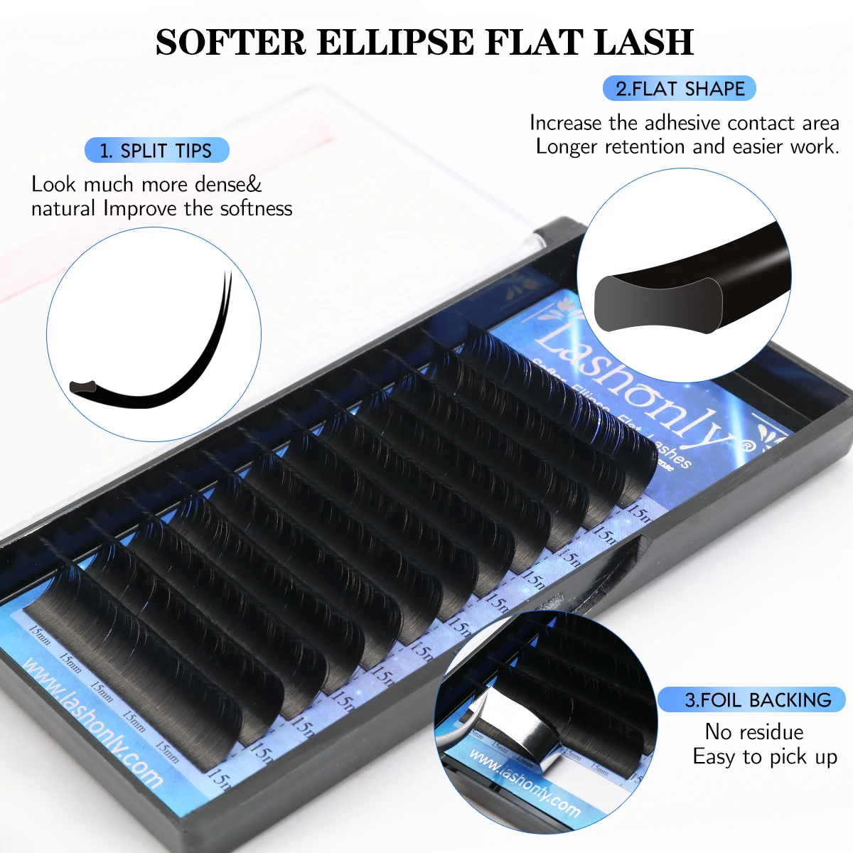 Lashonly Flat Ellipse Eyelash Split Tips Super Soft Matte Gentle Natural Eyelash Extension Faux Mink Light Weight Dark Flat Lash