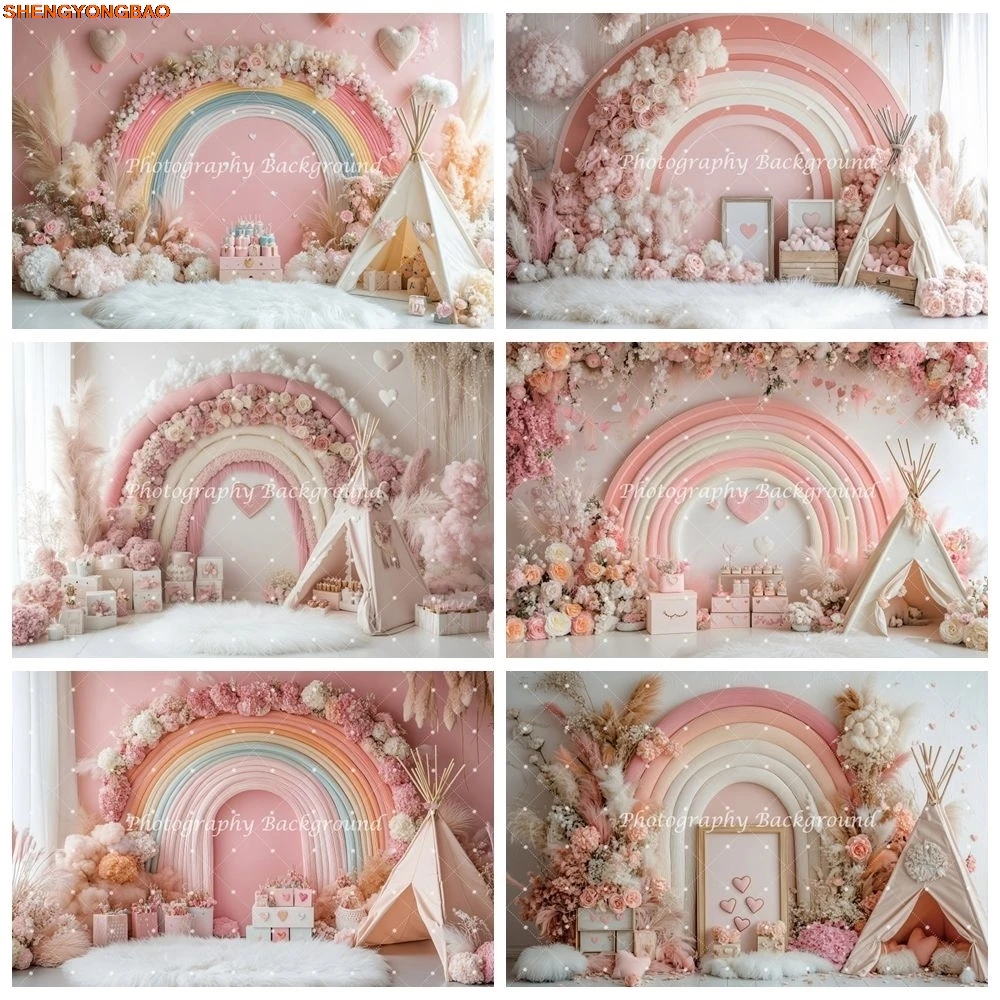 

Newborn 1st Birthday Party Photography Backdrop Pink Boho Rainbow Flowers Leaves Baby Cake Smash Photo Background Photo Studio