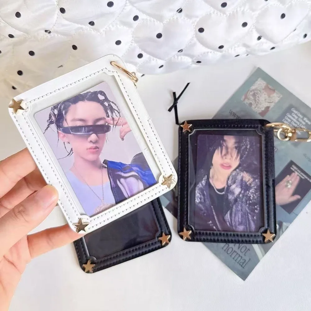 Portable PU Leather Photocard Holder 3 Inch Size Keychain Included ID Badge Holder Star Decor Card Sleeve ID Card Use