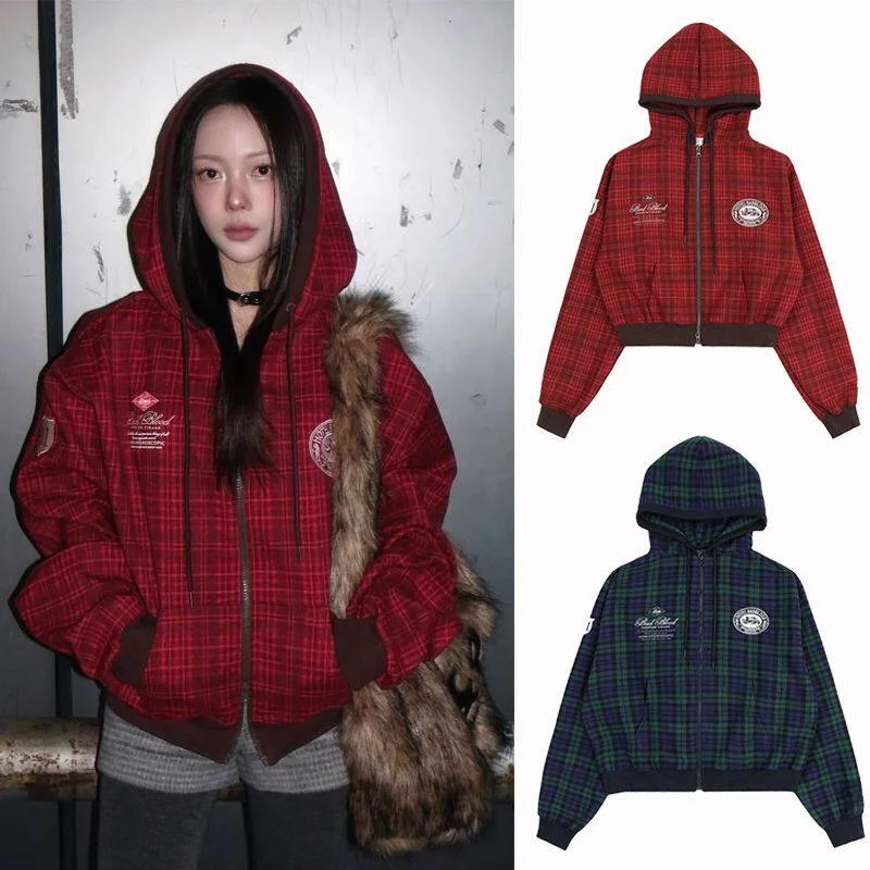 Street Style Plaid Letter Embroidery Hooded Open Cardigan Sweatshirt Unisex Autumn Winter Loose Casual Fleece Lined Versatile...