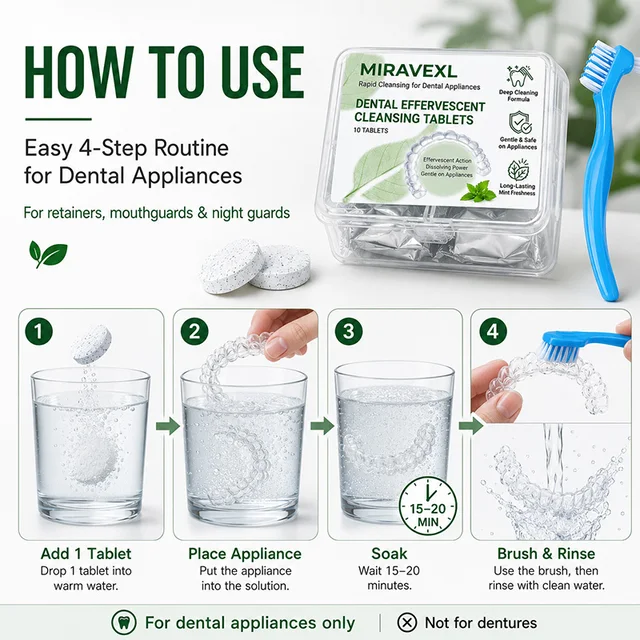 Denture Effervescent Cleaning Tablets & Brush Set, Removes Stains & Odor on Retainers Dentures Aligners, Fresh Mint, 10 Tablets 5 Denture Effervescent Cleaning Tablets & Brush Set, Removes Stains & Odor on Retainers Dentures Aligners, Fresh Mint, 10 Tablets 5