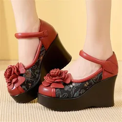 ZXRYXGS Top Cowhide Classic Printing Flowers Shoes Women Fashionable Shoes 2025 Real Leather Non-slip Wedges Shoes High Heels