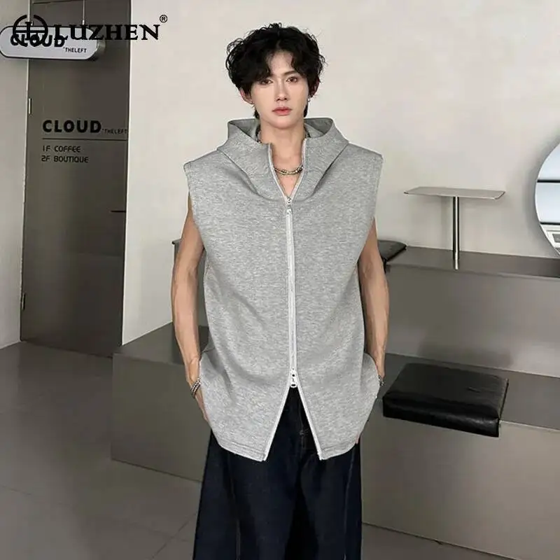 LUZHEN 2026 Summer New Original Double Zipper Design Hooded Sleeveless Shirt Men's Fashion Handsome Solid Color Waistcoat JY6452