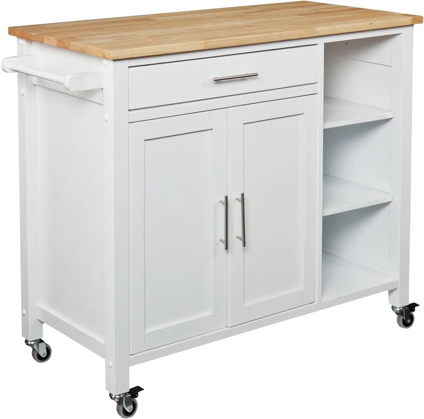 Furniture Rolling Kitchen Cart Island - Fixed Shelves w/Cabinet - White Finish w/Wood Top, AMZ7723AK