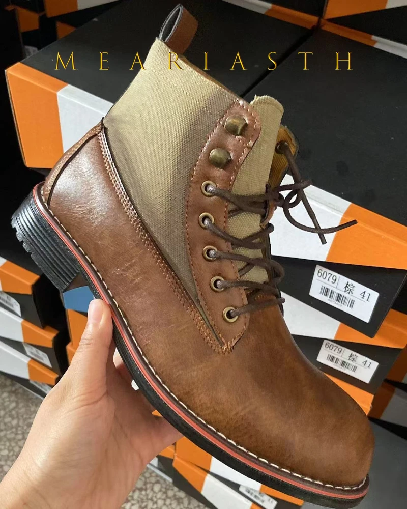 メンズハイカットブーツ、通気性PUレザー、レトロなメンズバイクツーリングシューズ、メンズレザーカウボーイブーツ