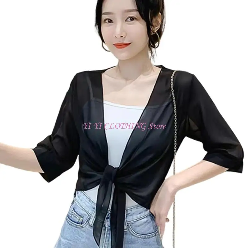 N5KF Women Shrug Chiffons Short Sleeve Open Front Sheer Cardigans Summers Short Jackets