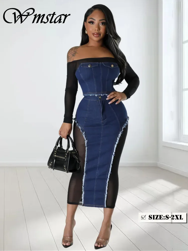 

Wmstar Two Piece Set Women Skirts Sets Off Shoulder Top Sexy Denim Patchwork New in Fall Clothes Wholesale Dropshipping S-2XL