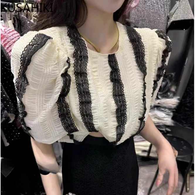 KUSAHIKI Round Necke Pleated Color Matching Short Sleeved Shirt for Women\'s 2023 Summer Slim Stylish PUFF Sleeve Lace Edge Top