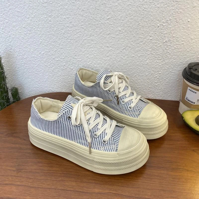 New Vintage Washed Dirty Toe Canvas Shoes Women Lace Up Chunky Platform Sneakers Distressed Frayed Plimsolls Casual Skate Shoes