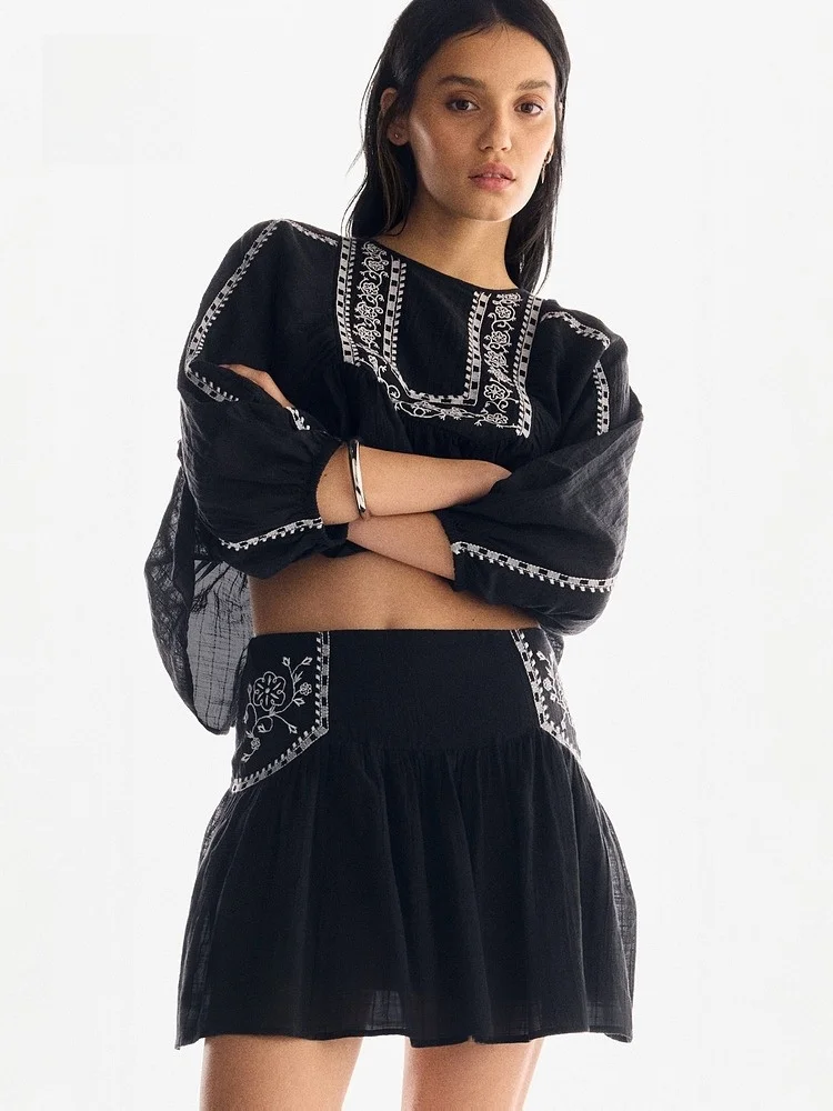 H&M Geborduurde rok met middelhoge taille voor dames Faionable Casual Sle Stand Fit Katoenmix Dagelijkse kleding Zomer 2025