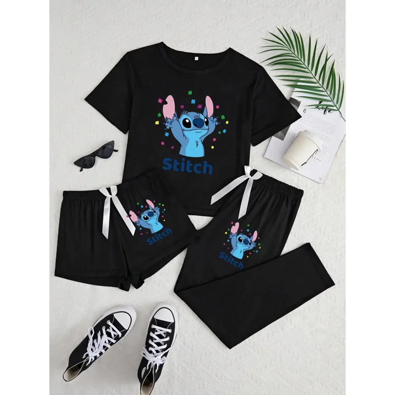 

3-piece Disney Stitch-patterned printed teenage hoodie zip-up pajama set
