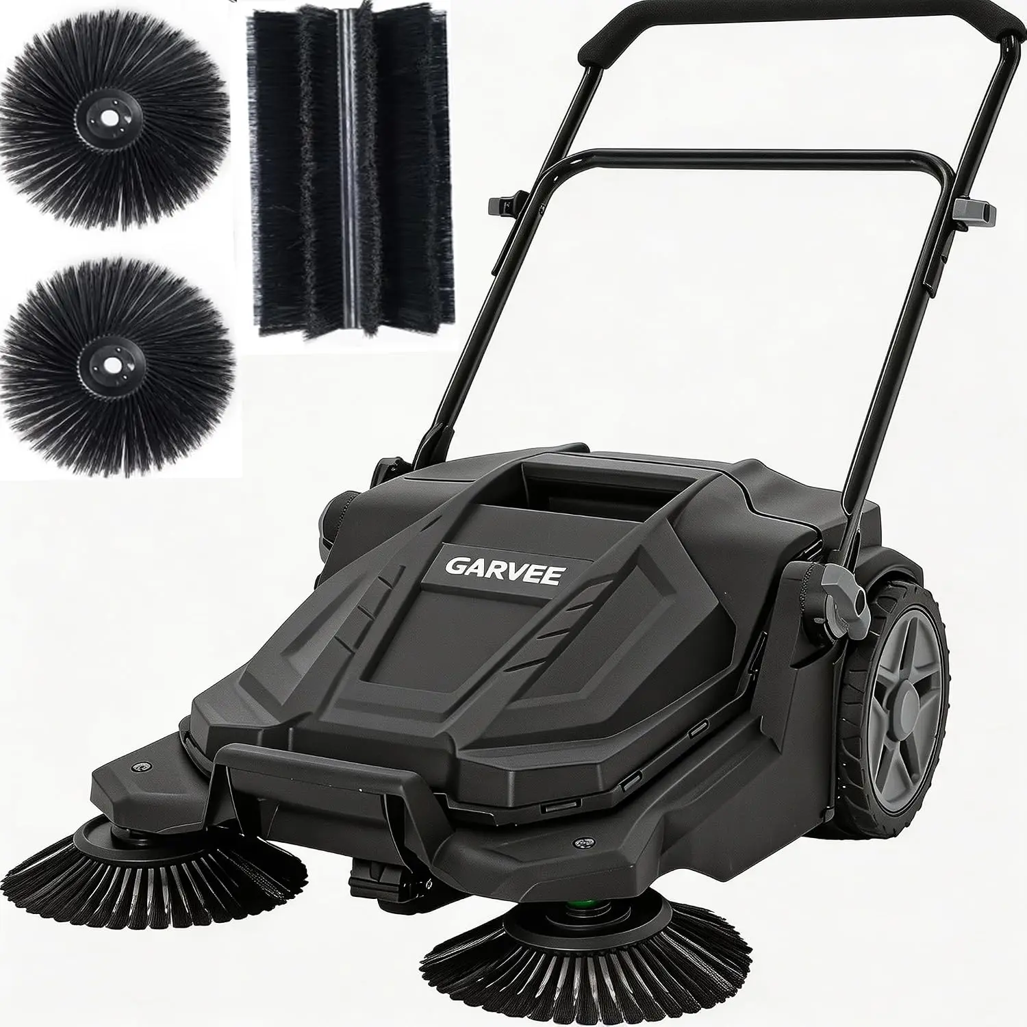 Walk-Behind Outdoor Hand Push Floor Sweeper, 25.6 Inch Wide Manual Non-Electric with 5.25 Gallon Waste Bin, Adjustable Folding