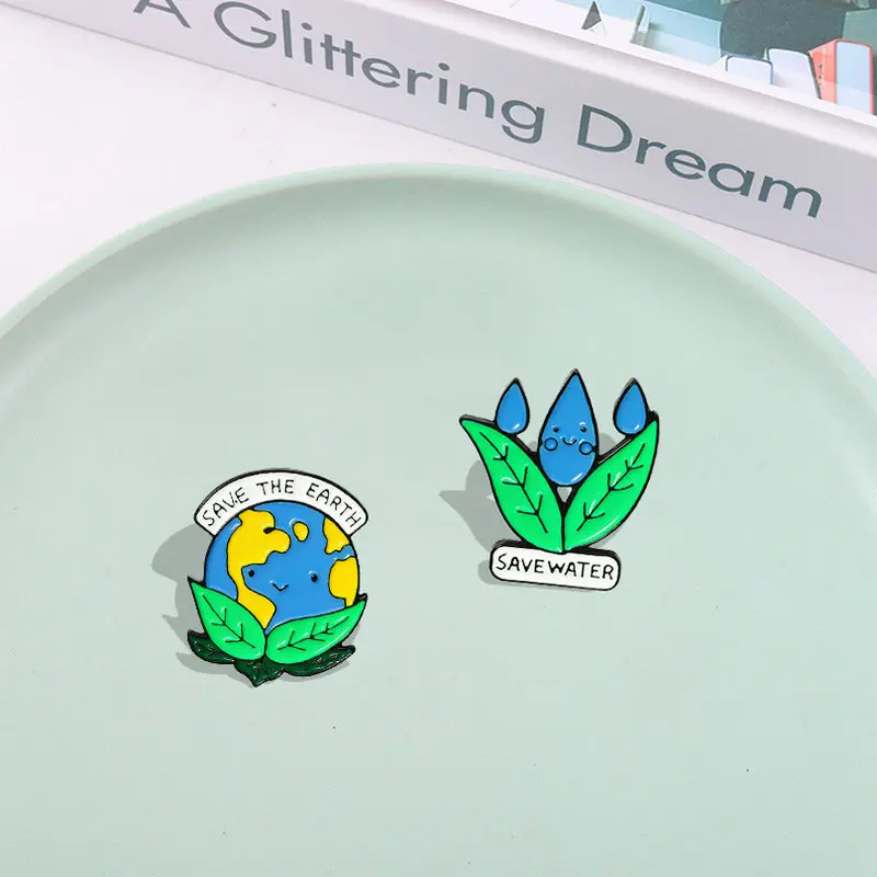 Enamel Pins Protect Environment Brooches Bag Clothes Lapel Pin Go Green Badge Jewelry Gift for Kids Friends Save the Earth