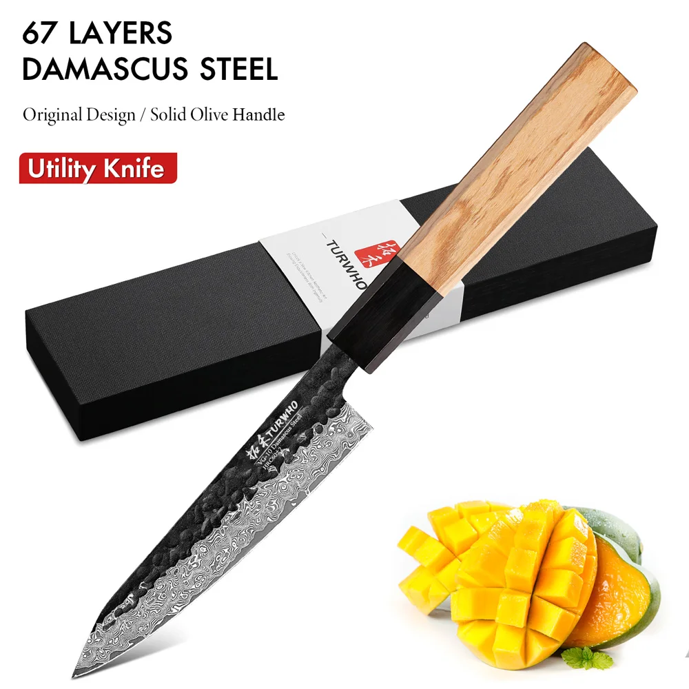 TURWHO 5”Utility Knife Damascus Steel Multi-role Knife Fruit Vegetable Sushi Knife Women Special Kitchen Knife Olive Wood Handle