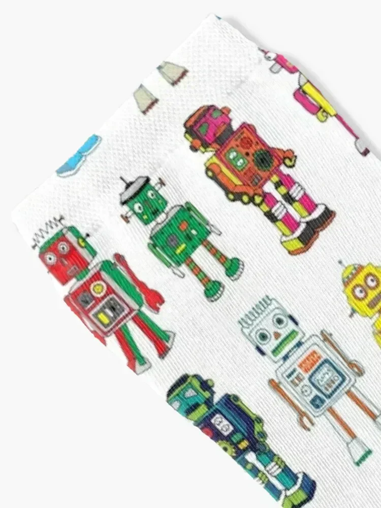 Robot Line-up on White - fun pattern by Cecca Designs Socks Hiking boots bright garter man Designer Man Socks Women's