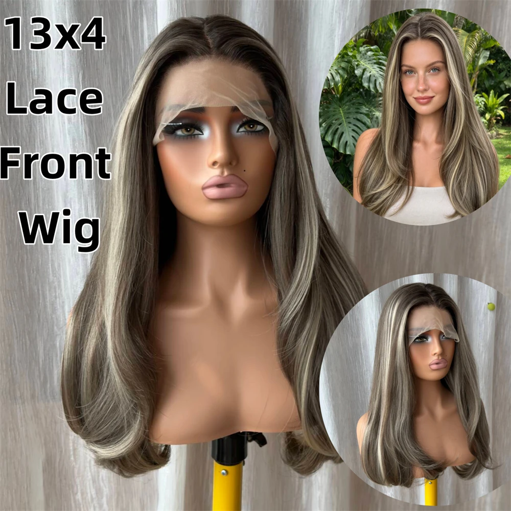 13x4 Ombre Blonde Brown Highlights Synthetic Lace Front Wig Blend Human Hair Top Glueless Wig Soft Natural Straight Wig Cosplay