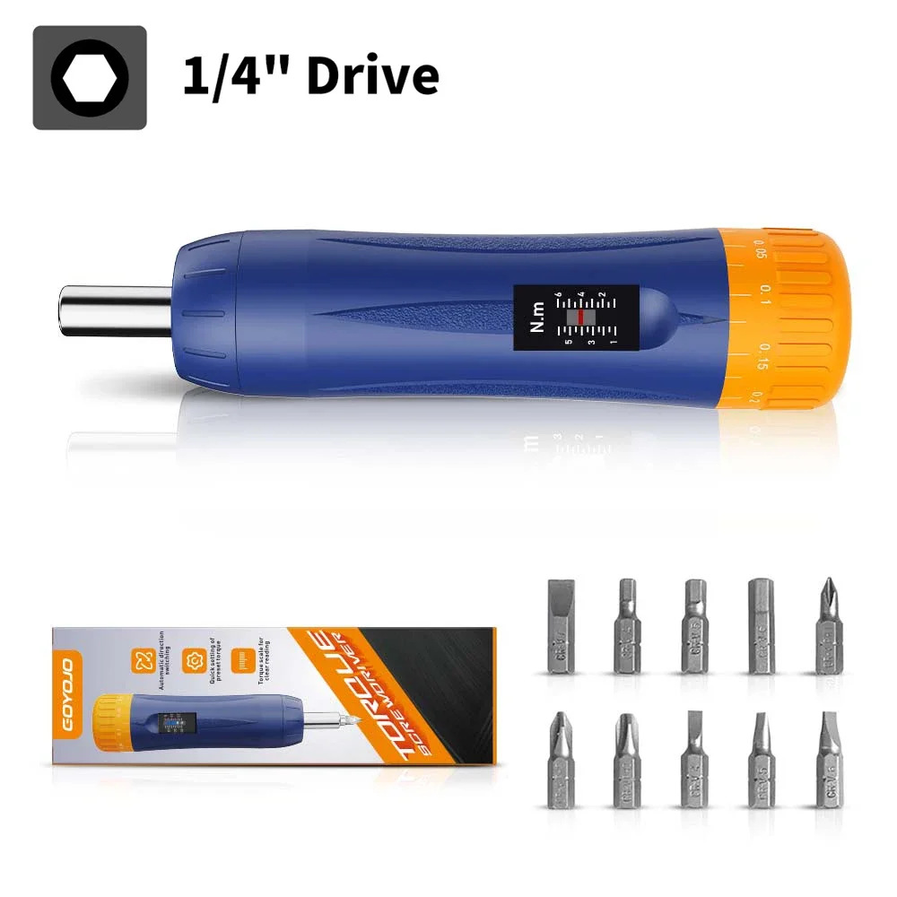 GOYOJO Portable Preset Torque Screwdriver 1/4'' Drive l 1-6 Nm Precision Adjustable Torque Wrench Tools Set for Bike Repairing