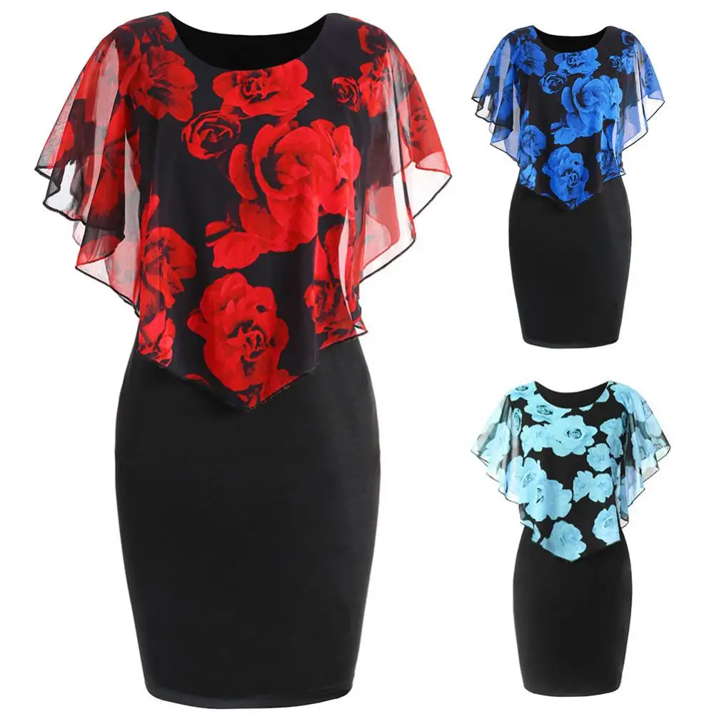 HOT SALES  New Arrival Fashion 2023 Elegant Office Lady Rose Flower Print Cape Bodycon Knee Length Dress