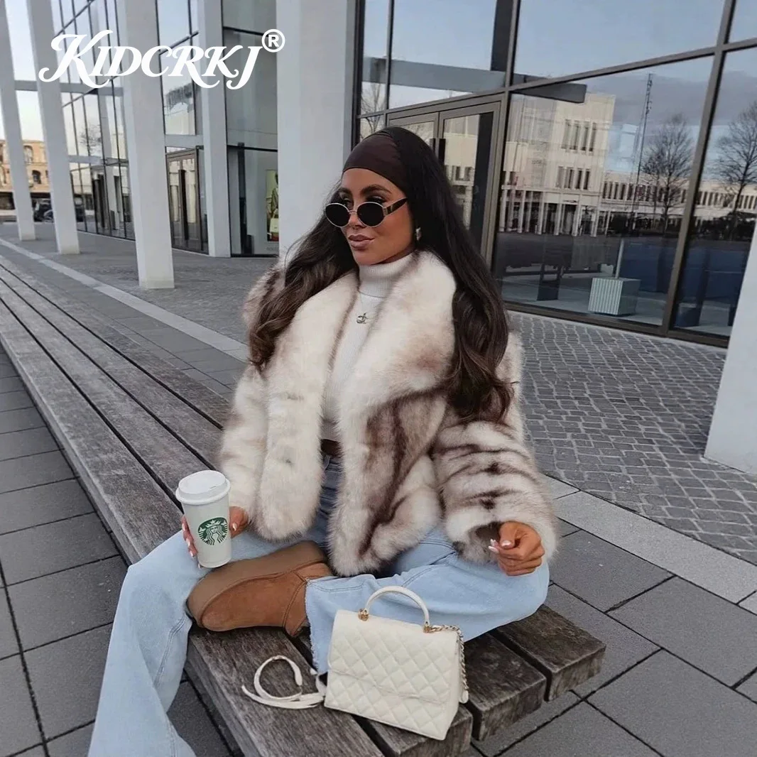 KIDCRKJ Winter Striped Women's Faux Fur Jacket Ladies Overcoat Fashion Blogger Eco-friendly Fluffy Fox Fur Collar Coat Female