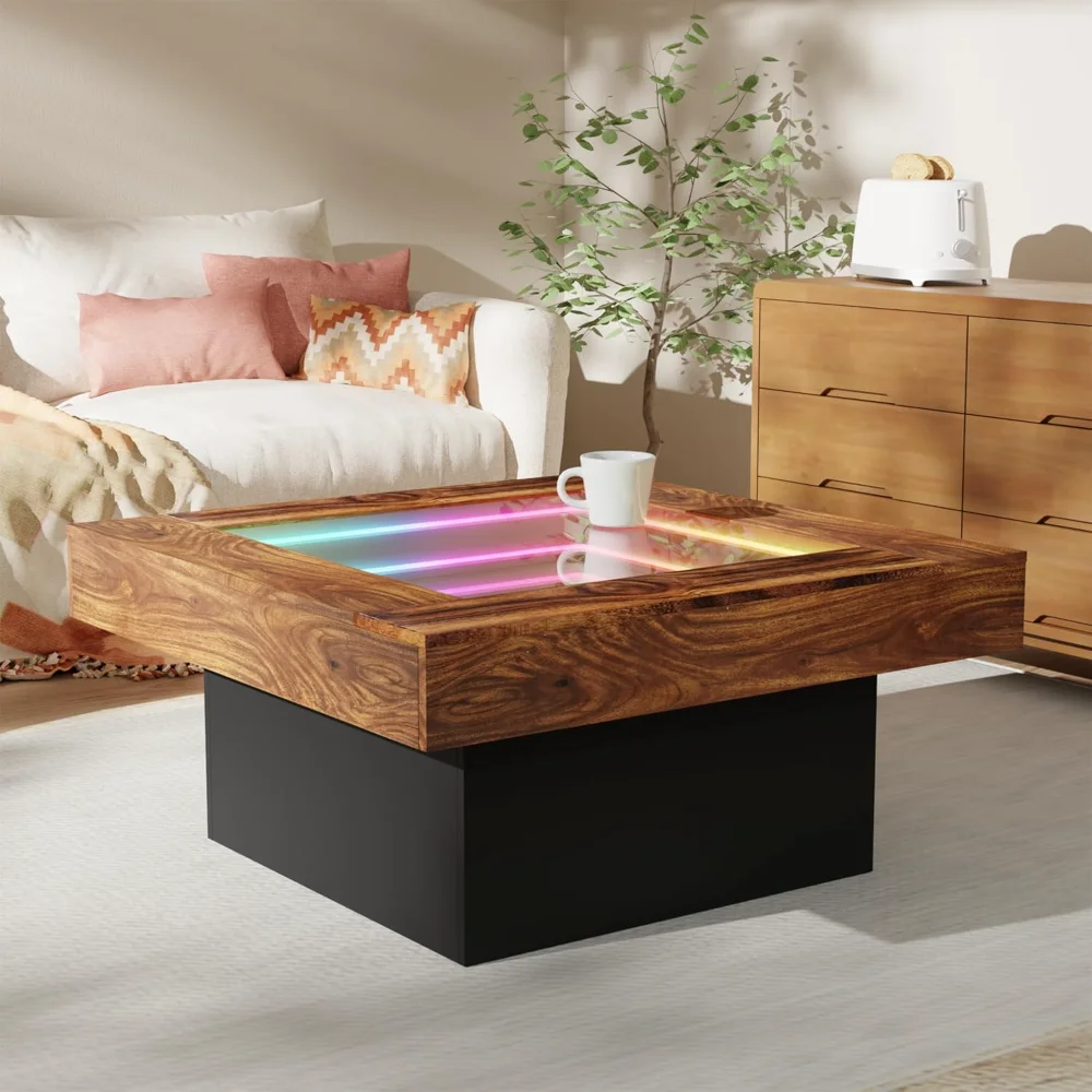 

31.5"x31.5" Rustic Brown+Black Infinity Mirror Coffee Table - Modern Square LED Table with Music Sync Lights,