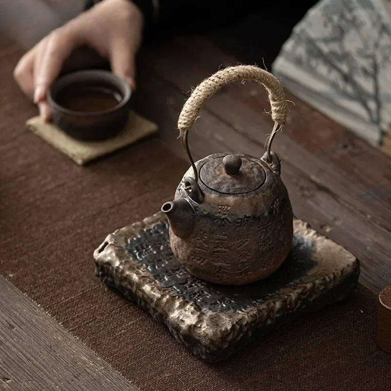Japanese Gilding Iron Glaze Heart Sutra Loop-Handled Teapot Kung Fu Tea Set Teapot Hemp Rope Handle Small Size Tea Kettle